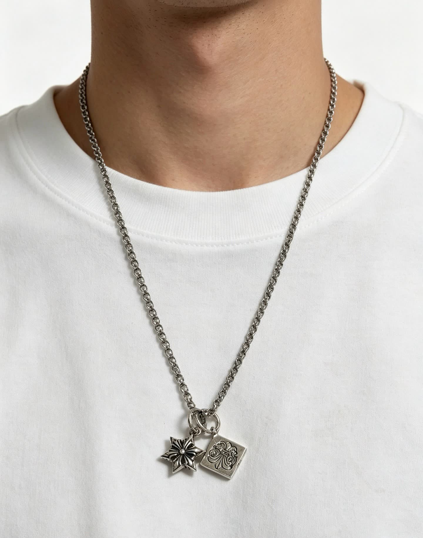 Chrome Hearts Silver Star and Square Charm Necklace